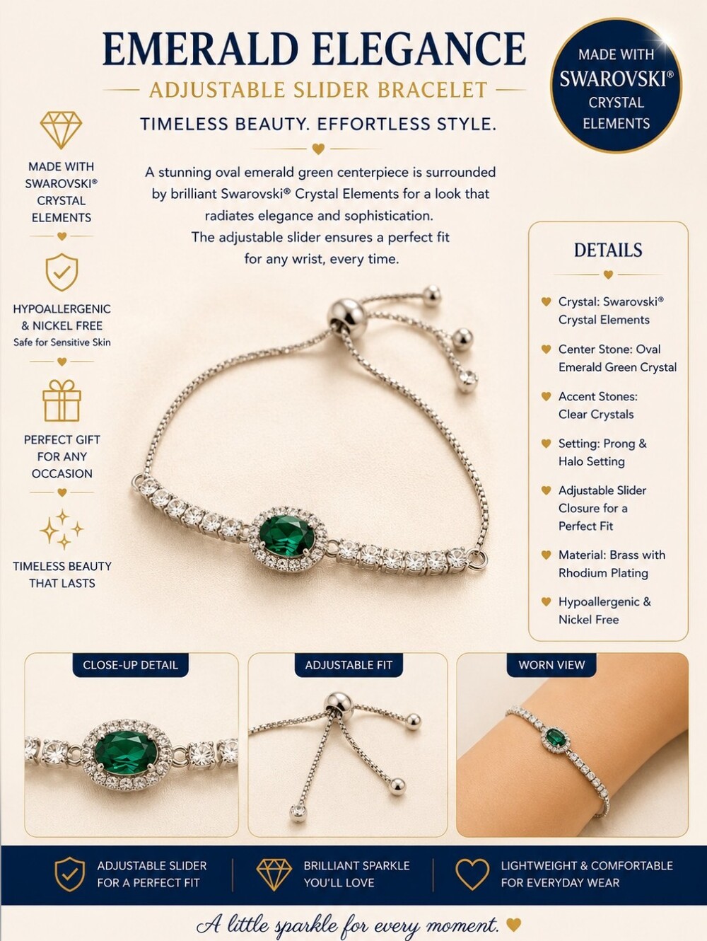 Emerald Green Halo Adjustable Slider Bracelet